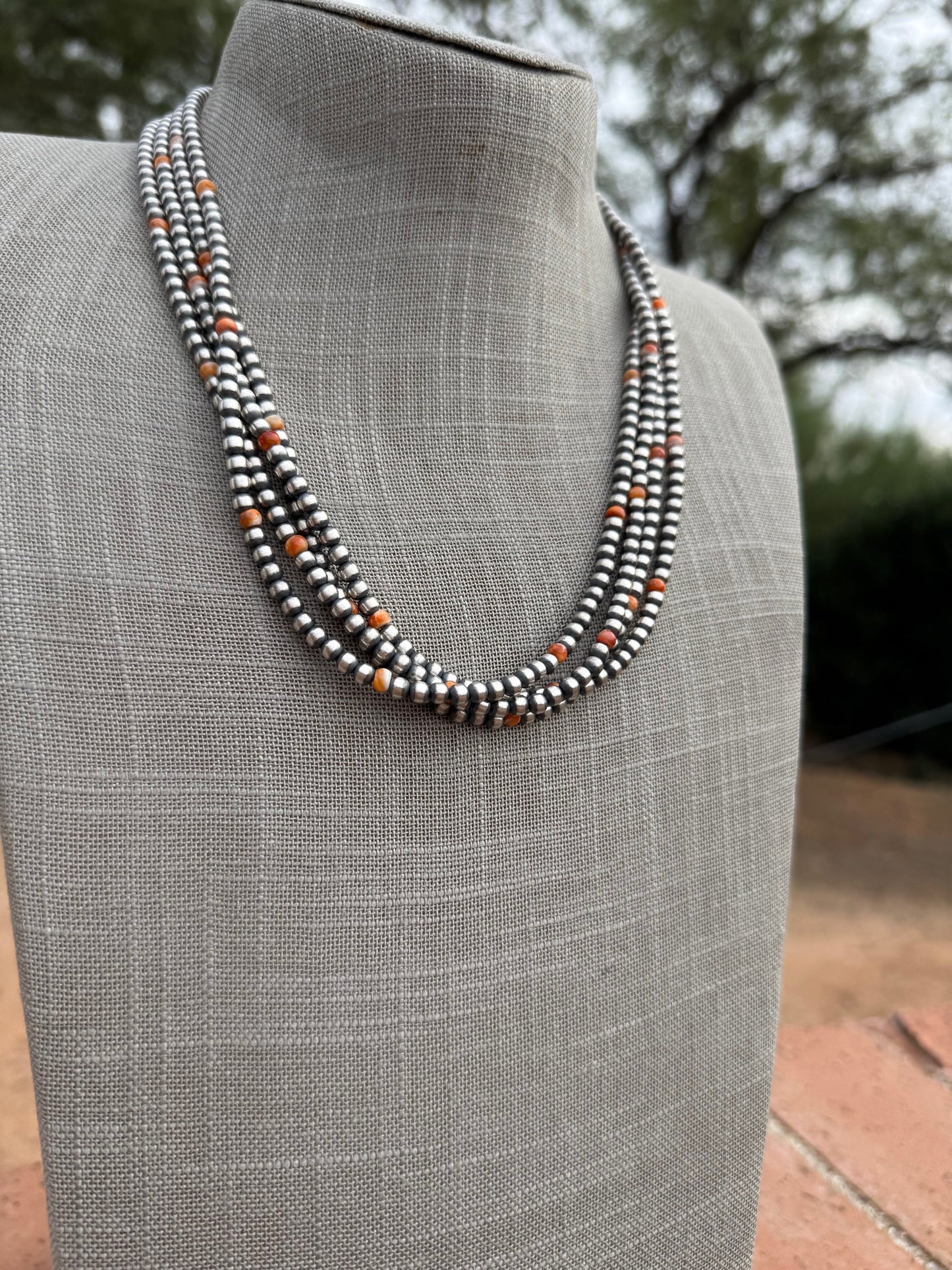 Handcrafted Orange Spiny & Sterling Silver 4mm Beaded Necklace 20" Nizhoni Traders LLC