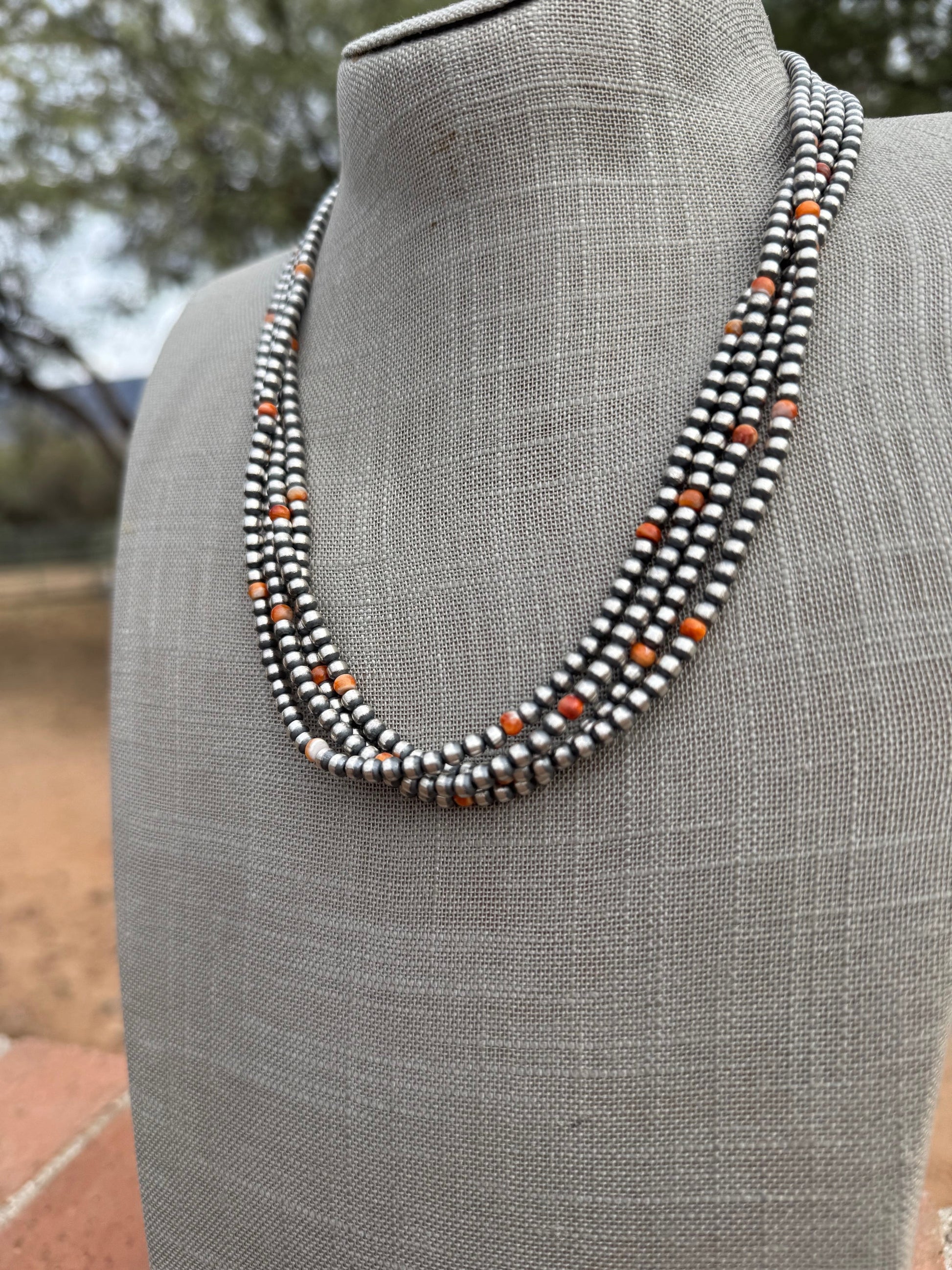 Handcrafted Orange Spiny & Sterling Silver 4mm Beaded Necklace 20" Nizhoni Traders LLC