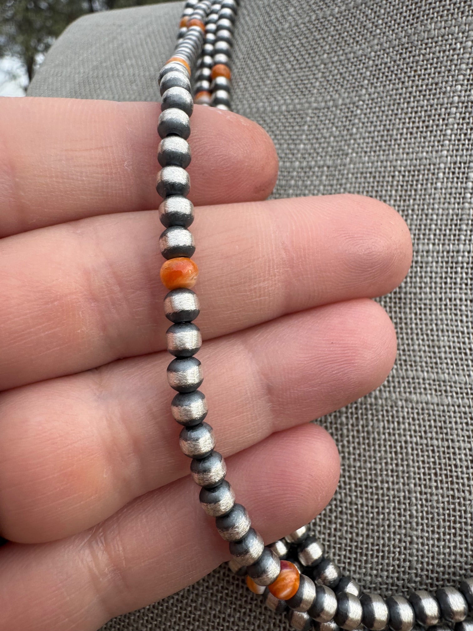 Handcrafted Orange Spiny & Sterling Silver 4mm Beaded Necklace 20" Nizhoni Traders LLC