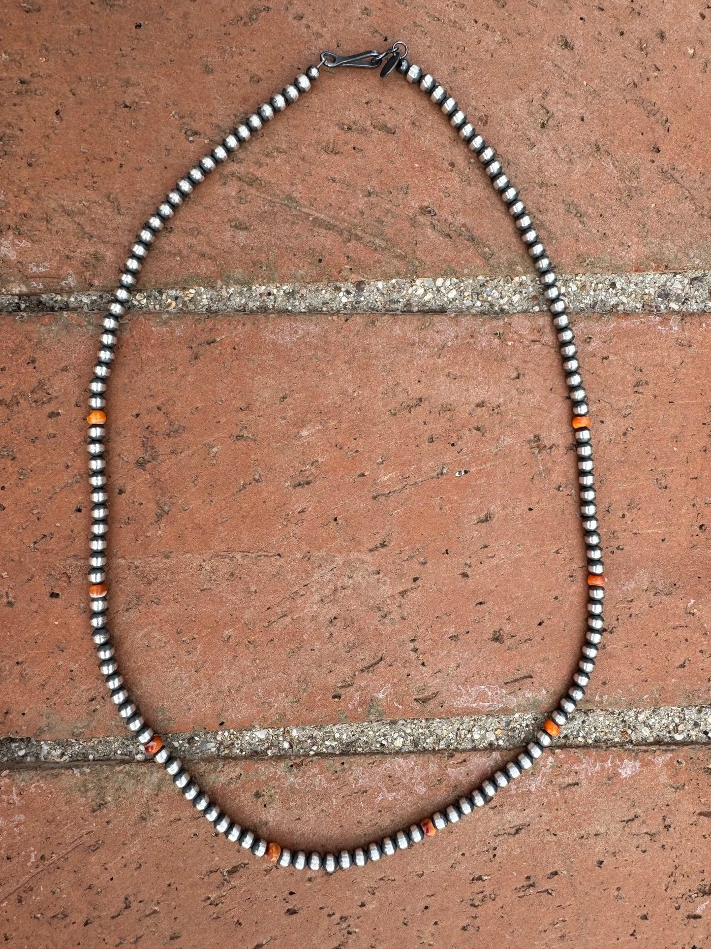 Handcrafted Orange Spiny & Sterling Silver 4mm Beaded Necklace 20" Nizhoni Traders LLC