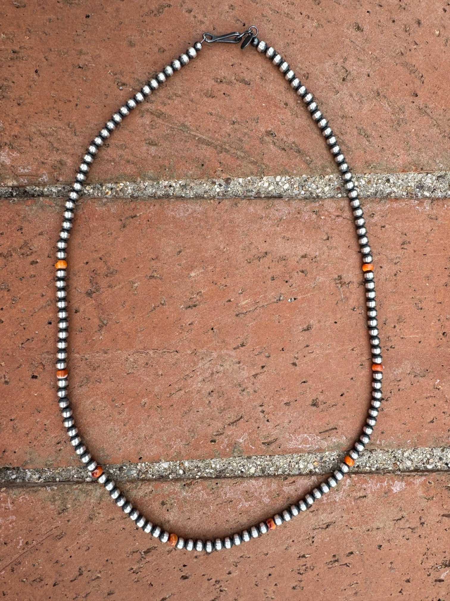 Handcrafted Orange Spiny & Sterling Silver 4mm Beaded Necklace 20" Nizhoni Traders LLC