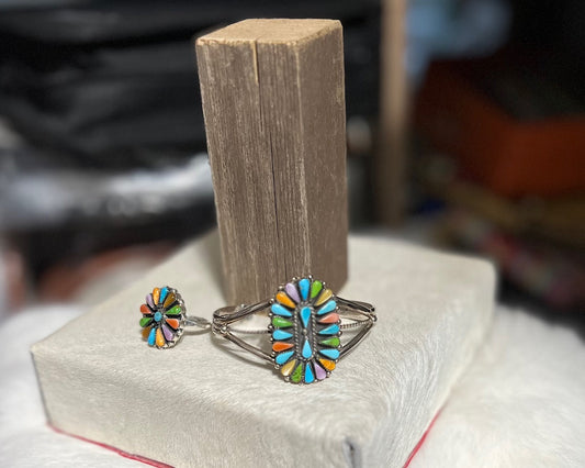 Zuni Multi Stone Native Inspired Sterling Silver Bracelet Cuff and Ring Cedar Hill Country Market