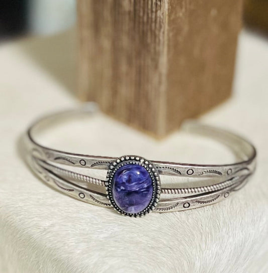 Native Inspired Charoite Sterling Silver Rope Bangle Cuff Cedar Hill Country Market