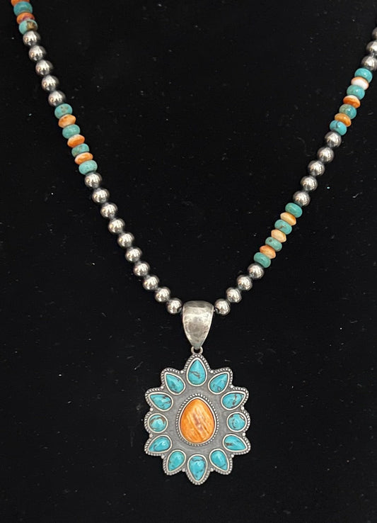 Sterling Silver Spiny Oyster and Kingman Turquoise Necklace Cedar Hill Country Market