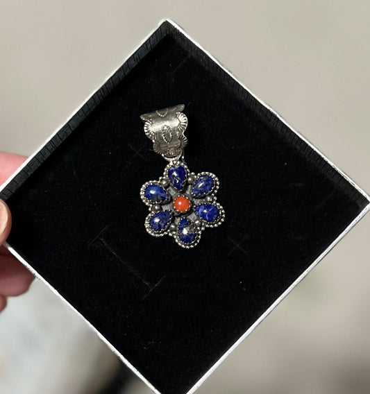Sterling Silver Lapis and Coral Daisy Pendant  - 1 inch Cedar Hill Country Market