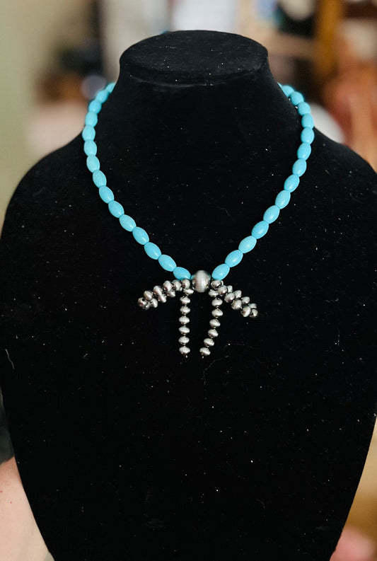 Fashion Native Inspired Turquoise and Silver Pearl Bow Necklace Cedar Hill Country Market