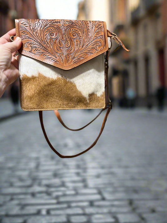 Western Hand Tooled Hair on Hide Envelope Handbag with Adjustable Strap Cedar Hill Country Market