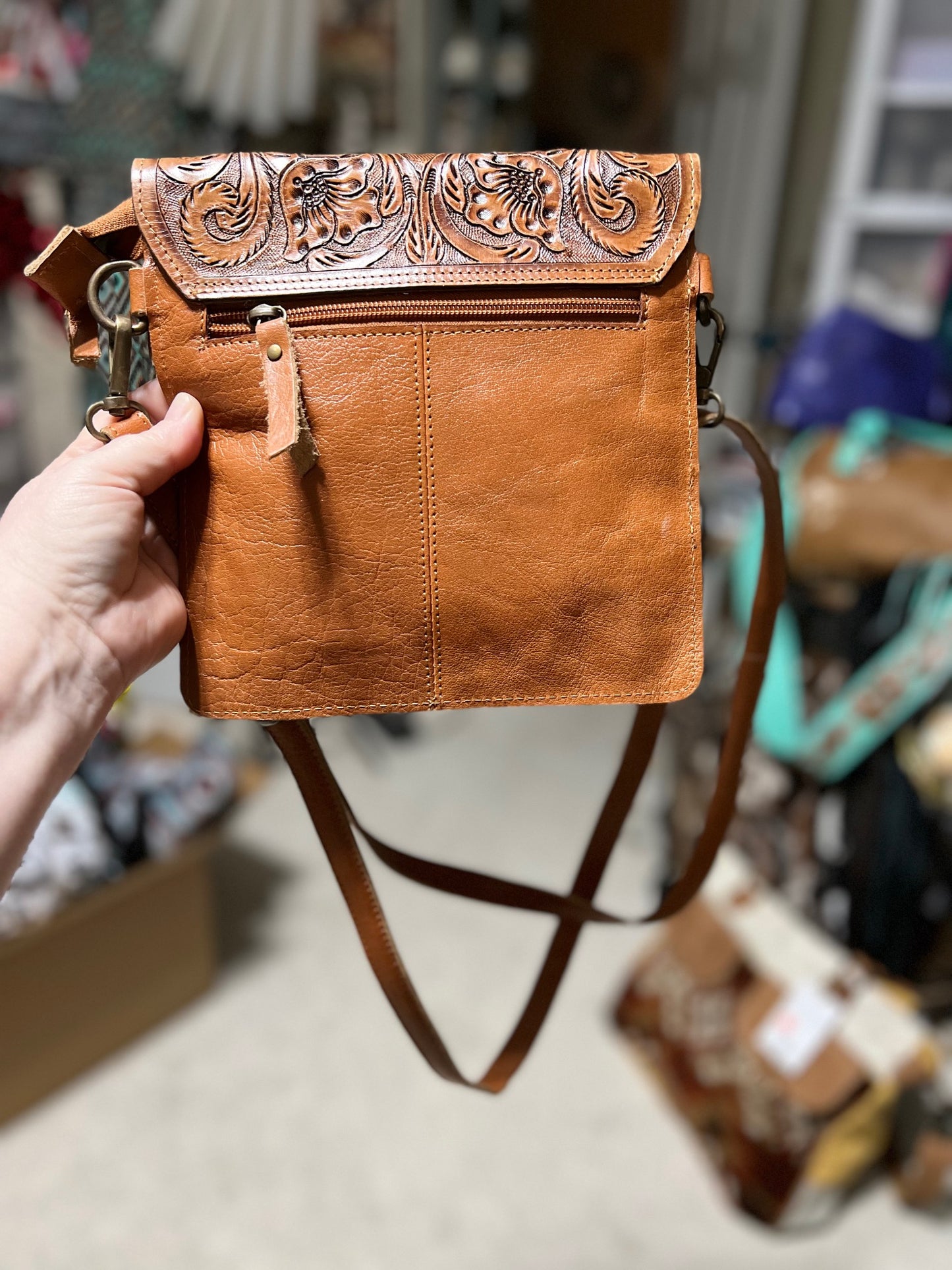 Western Hand Tooled Hair on Hide Envelope Handbag with Adjustable Strap Cedar Hill Country Market