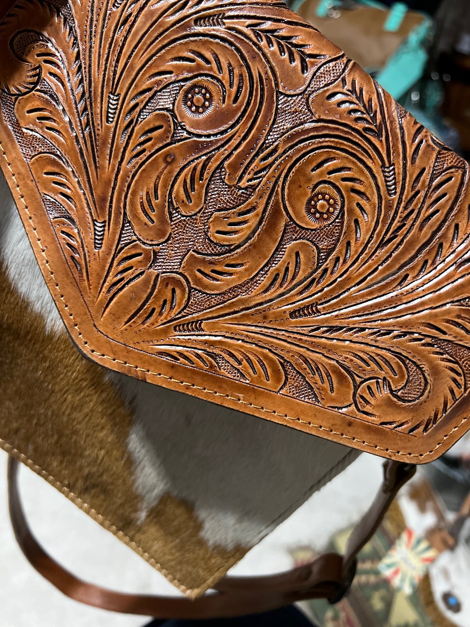 Western Hand Tooled Hair on Hide Envelope Handbag with Adjustable Strap Cedar Hill Country Market