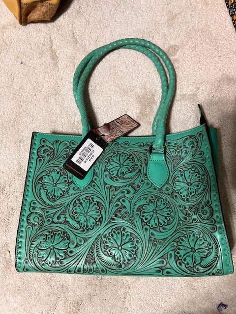 American Darling Floral Turquoise Hand Tooled Leather Handbag Cedar Hill Country Market