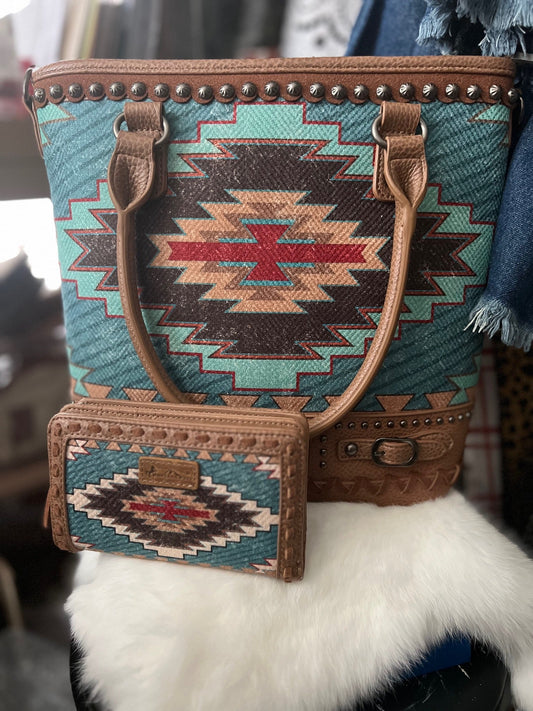 Western Inspired Turquoise Aztec Crossbody Handbag with Wallet Cedar Hill Country Market