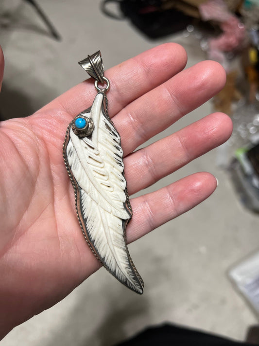 Genuine Turquoise and Hand Carved Bone Tibetan Silver Feather Pendant - 4 inch Cedar Hill Country Market