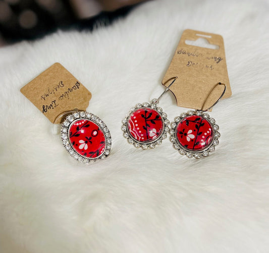 Sandra Ling Red Bandana  Fashion Earrings and Ring Set Cedar Hill Country Market