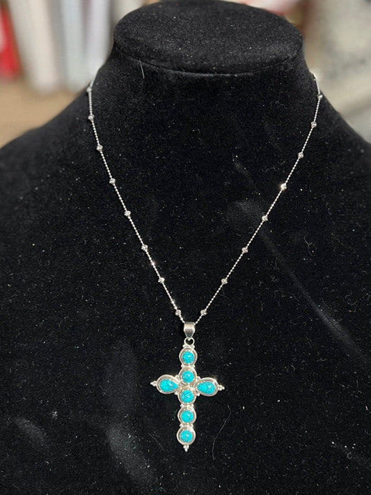 Diamond Cut Sterling Silver Chain and Genuine Turquoise Cross Necklace Cedar Hill Country Market