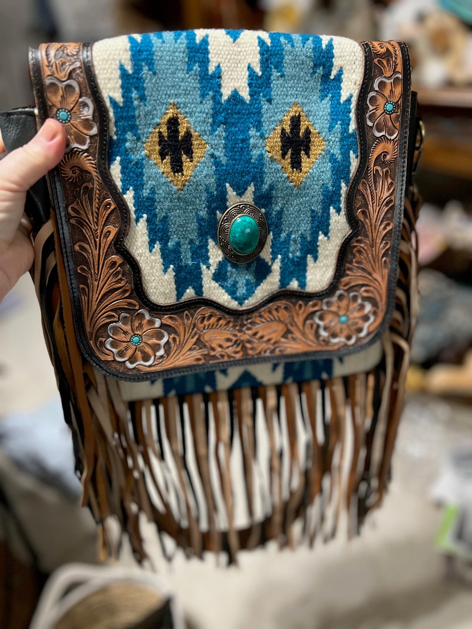 Genuine Leather Floral Hand Tooled Saddle Bag Western Fringe Crossbody Handbag CedarHill Country Market