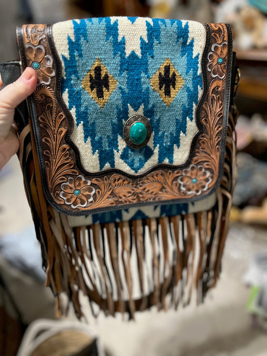 Genuine Leather Floral Hand Tooled Saddle Bag Western Fringe Crossbody Handbag CedarHill Country Market
