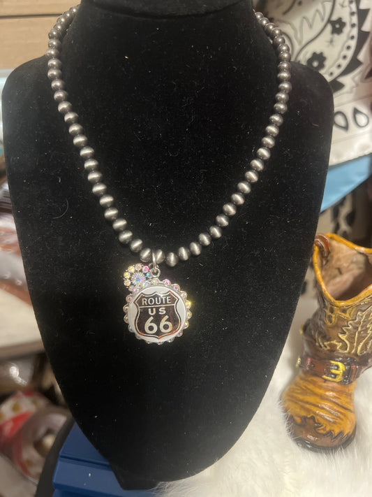 Route 66 Charm on Fashion Silver Pearl Necklace - 18 inch Cedar Hill Country Market
