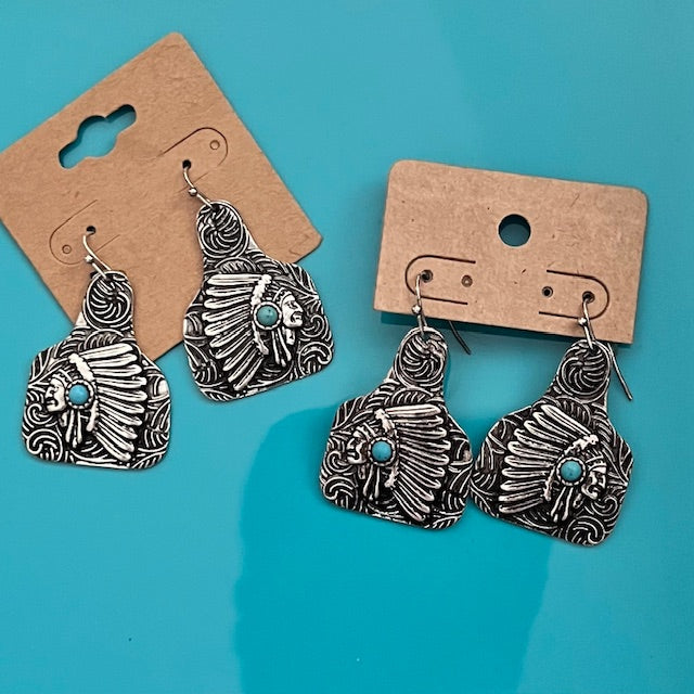 American Indian Head Turquoise Fashion Silver Earrings Cedar Hill Country Market