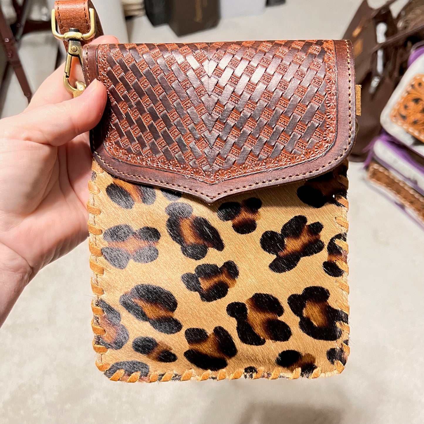 Cowhide and Tooled Leather Leopard Crossbody with Key Chain Wallet