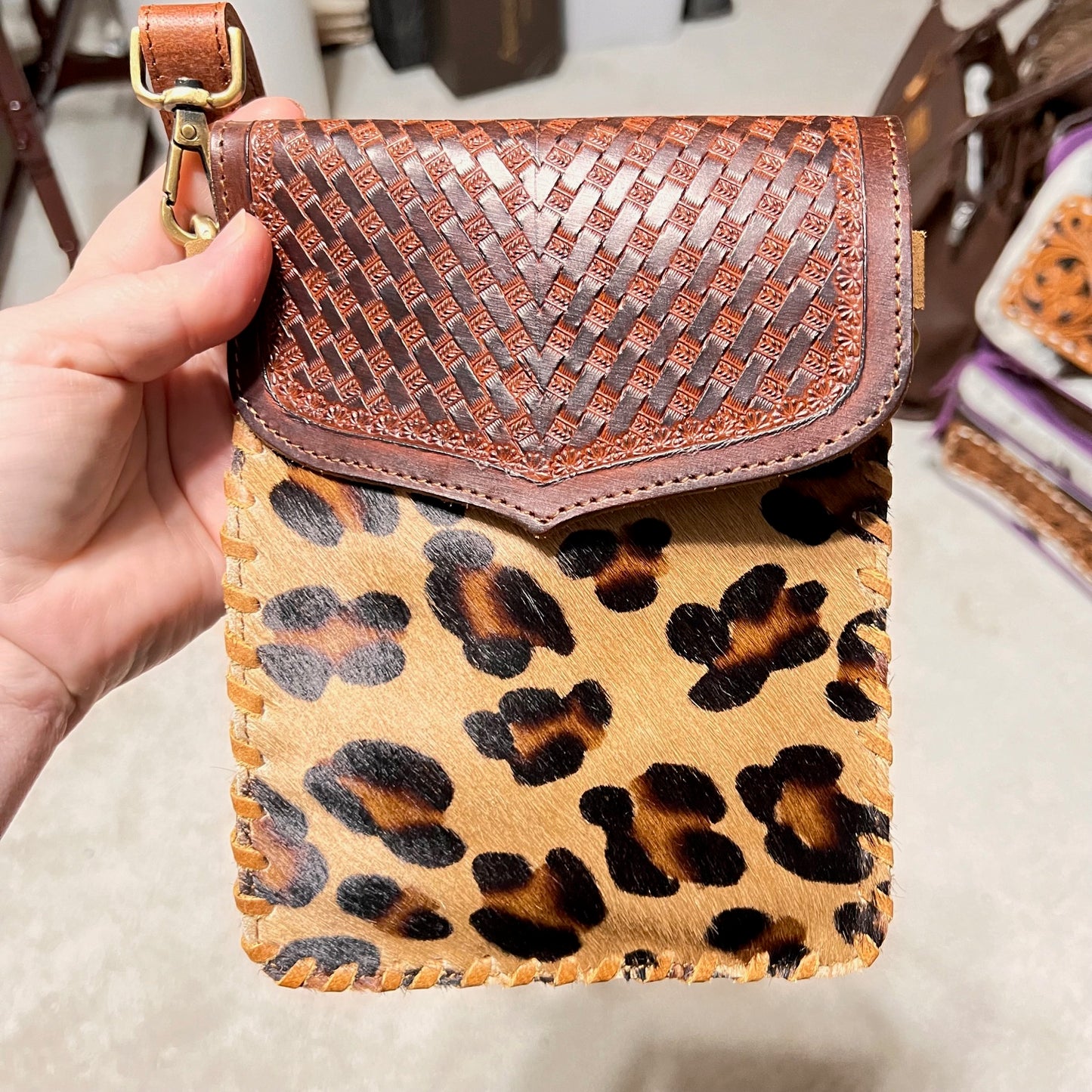 Cowhide and Tooled Leather Leopard Crossbody with Key Chain Wallet