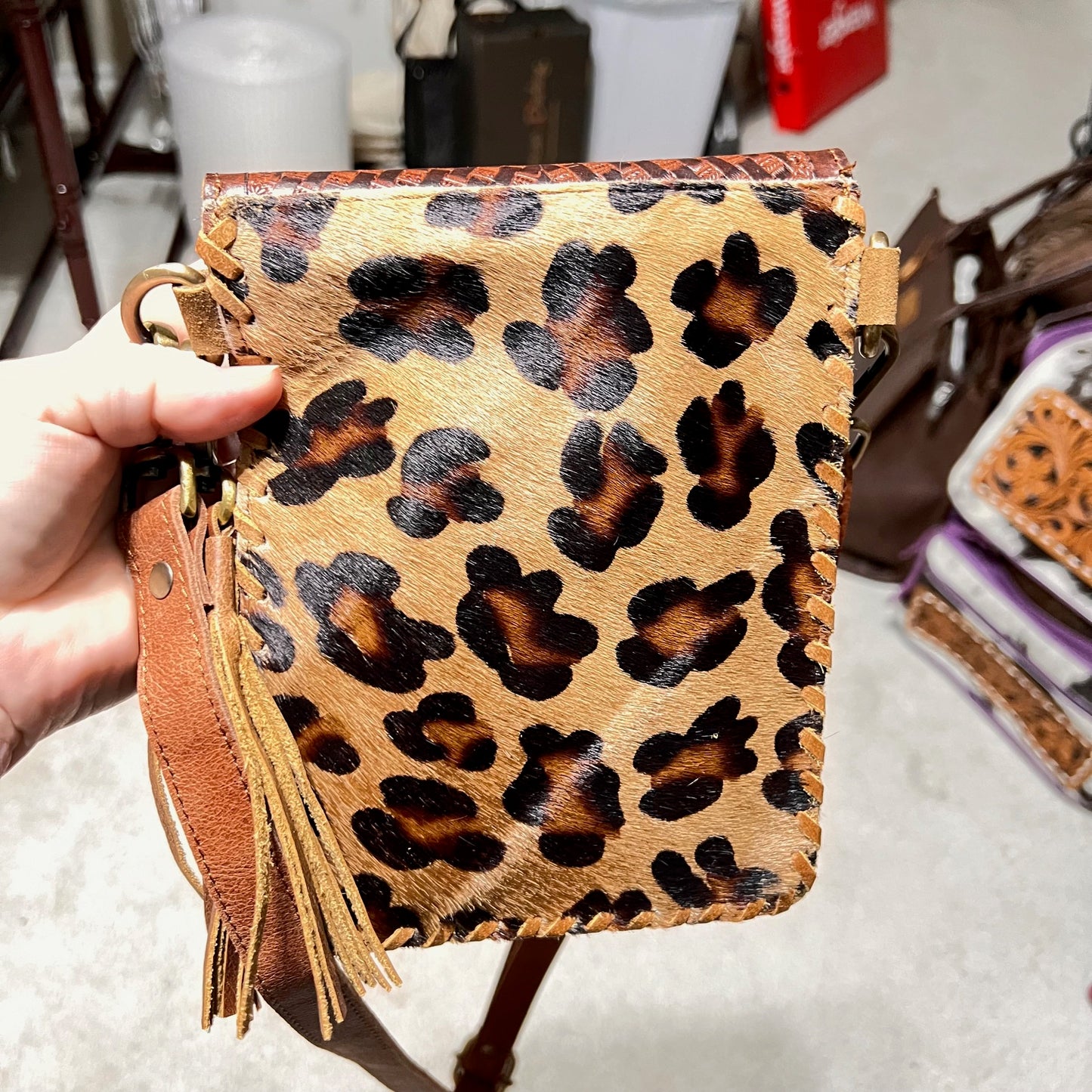 Cowhide and Tooled Leather Leopard Crossbody with Key Chain Wallet