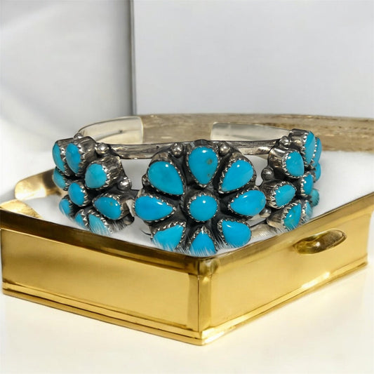 Genuine Turquoise NON Native Sterling Silver Triplet Flower Cuff -  No. 101 Cedar Hill Country Market