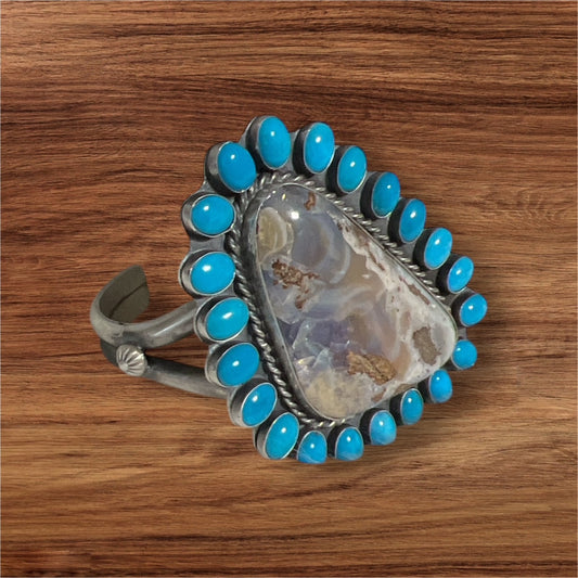 Ned Nez Navajo Signed Navajo Sterling Silver & Turquoise/Agate Cuff - Signed No.102 Cedar Hill Country Market