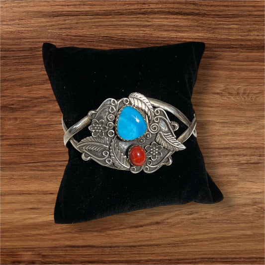 Navajo Inspired - .925 Silver Coral & Blue Turquoise Cuff No. 103 Cedar Hill Country Market