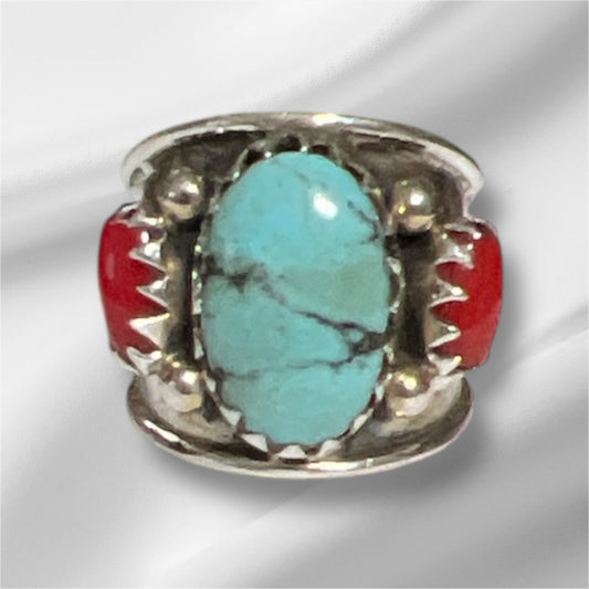 Sterling Silver Multi Stone Coral and Turquoise Cigar Ring - Size 9 No. 112 Cedar Hill Country Market
