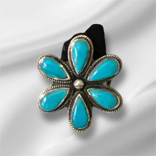 Genuine Kingman Turquoise Flower Sterling Silver Cluster Ring - Non Native No. 121 Cedar Hill Country Market