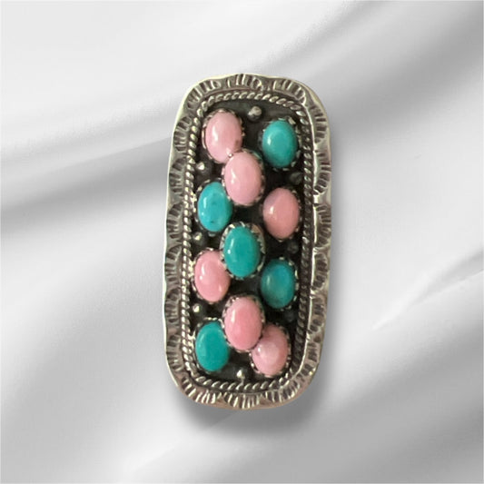 Genuine Pink Conch and Turquoise Sterling Silver Bar Ring - Size 8 No. 122 Cedar Hill Country Market