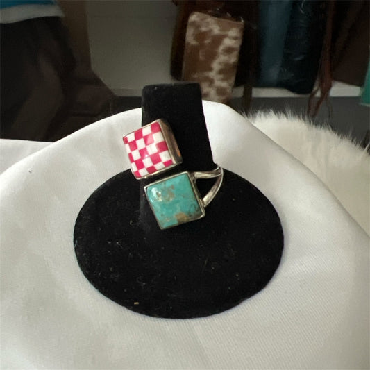 Sterling Silver Pink and Checker Board and Genuine Turquoise Wrap Ring - No. 128 Cedar Hill Country Market