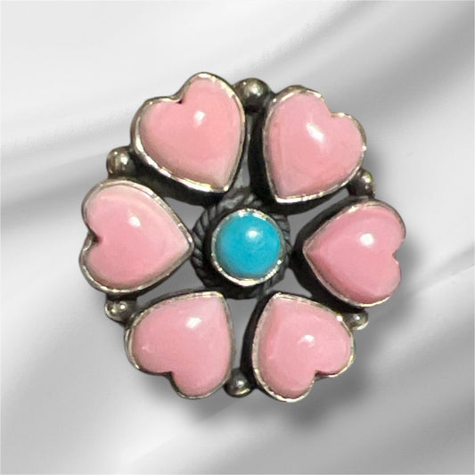 Genuine Pink Conch and Turquoise Flower Sterling Silver Ring - Size 6 No. 137 Cedar Hill Country Market