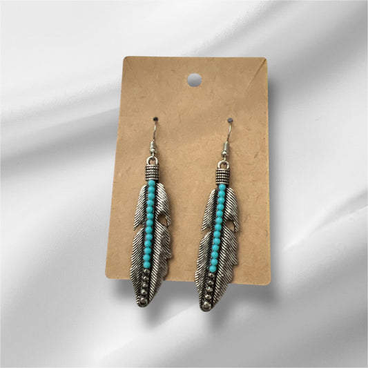 Native Inspired Turquoise Beaded Feather Dangle Earrings No.402 Cedar Hill Country Market
