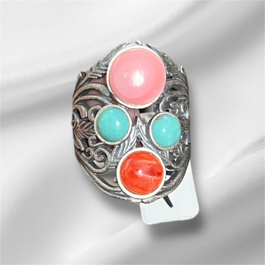 Sterling Silver Pink Conch Turquoise and Carnelian Ring Size 9.5 No 603 Cedar Hill Country Market