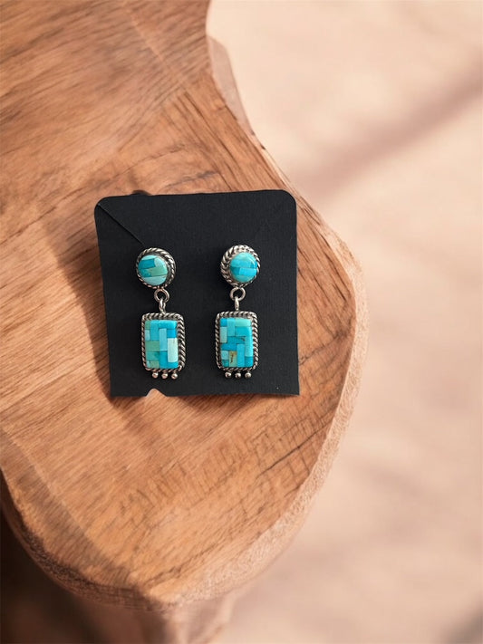 Genuine Kingman Turquoise Stud Back Dangle Earrings No 655 Cedar Hill Country Market