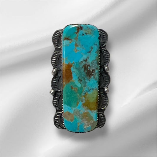 Navajo Handmade SS Kingman Turquoise Bar Ring - Artist Tia Long Cedar Hill Country Market