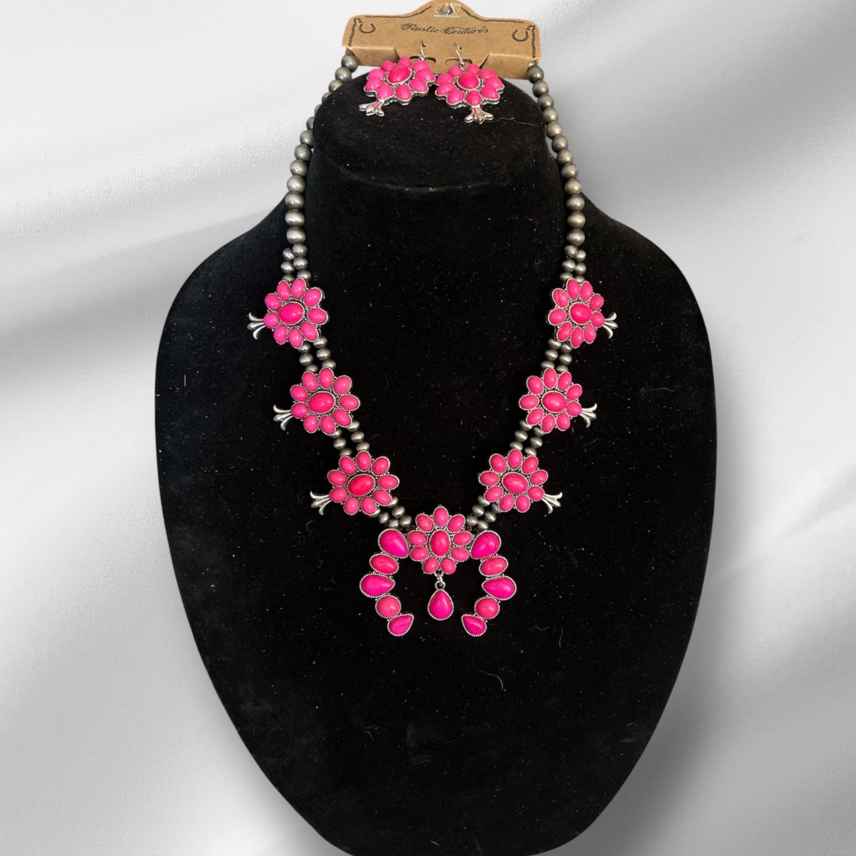 Rustic Couture's Fashion Silver Pearls w/Pink & Pendant Necklace Set 0701 CedarHill Country Market