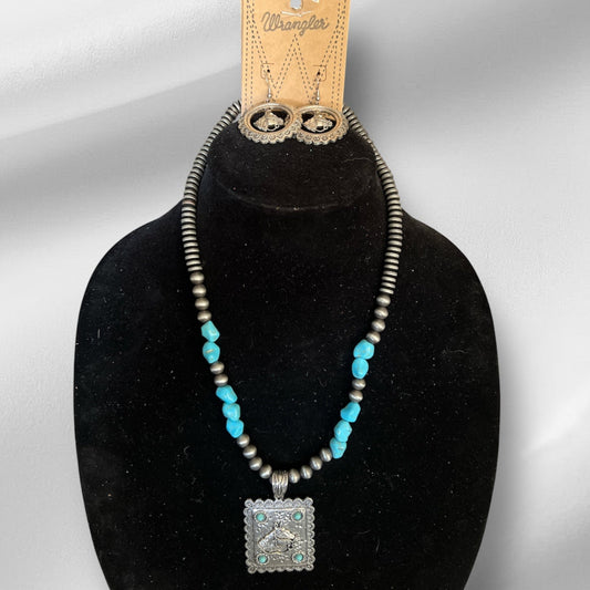 Wrangler Fashion Turquoise and Silver Pearl Pendant Necklace Set 0705 CedarHill Country Market