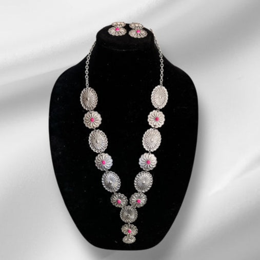 Rustic Couture's Silver w/Pink Concho Necklace Set 0702 CedarHill Country Market