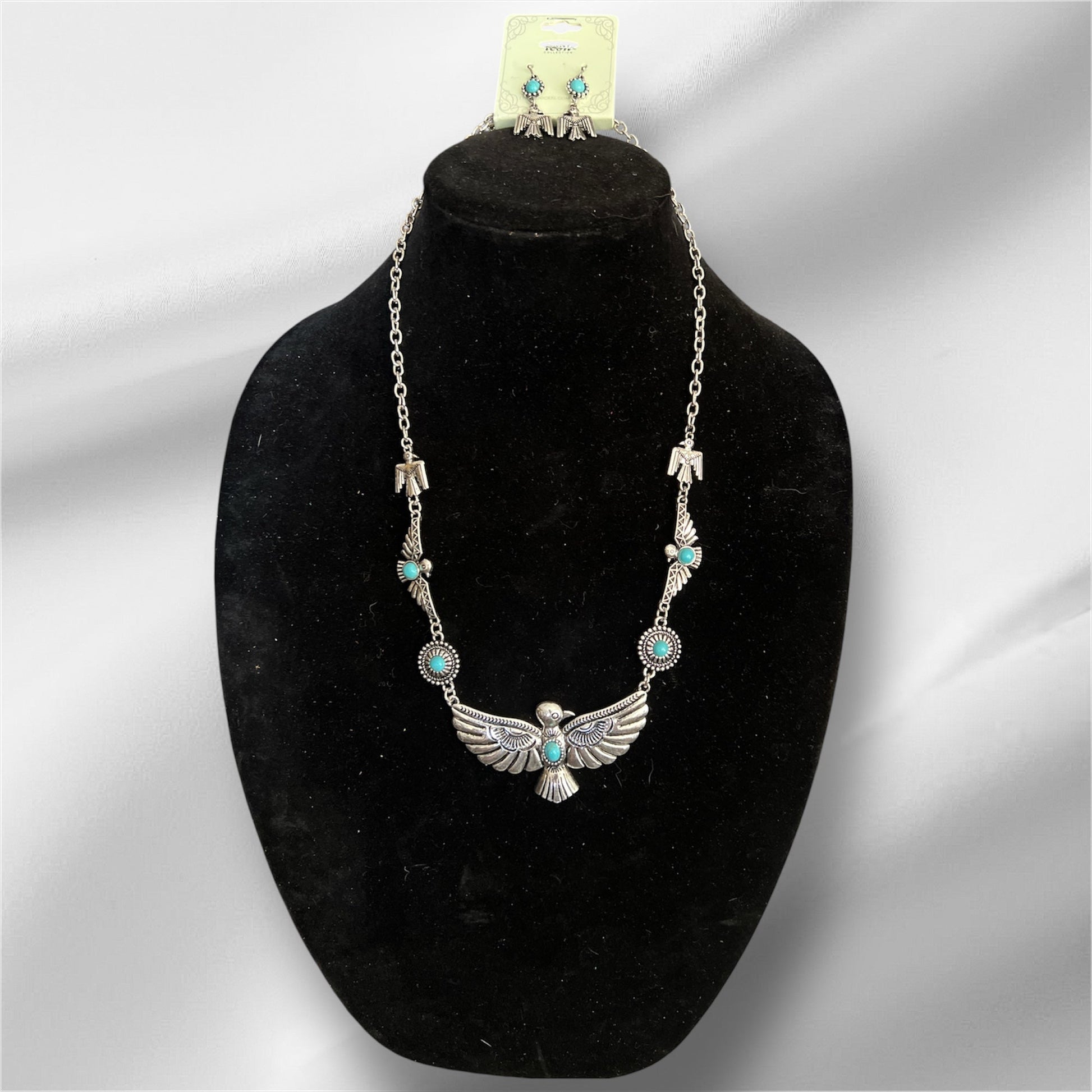 Fashion Silver and Turquoise Thunderbird Necklace Set 0697 CedarHill Country Market
