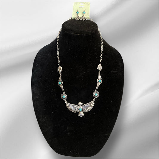 Fashion Silver and Turquoise Thunderbird Necklace Set 0697 CedarHill Country Market