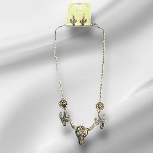 Fashion Silver Bullhead & Cactus Necklace Set 0694 CedarHill Country Market