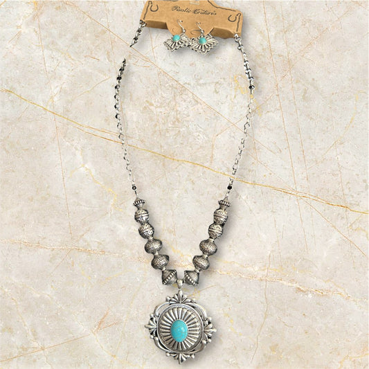 Rustic Couture's Silver Concho w/Turquoise Pendant Necklace Set 0704 CedarHill Country Market
