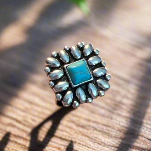 Silver & Turquoise Square Adjustable Cuff Ring 1142 CedarHill Country Market