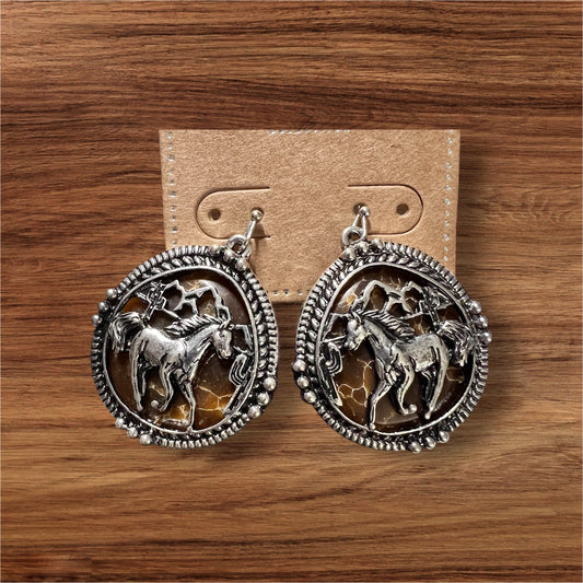 Fashion Silver/Brown Horse Pendant Earrings 1028 CedarHill Country Market