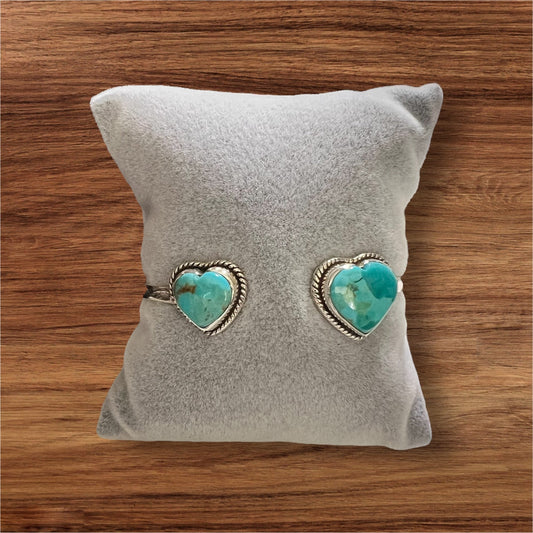 Genuine KIngman Turquoise Double Heart Shape Open Front Cuff Bracelet Cedar Hill Country Market