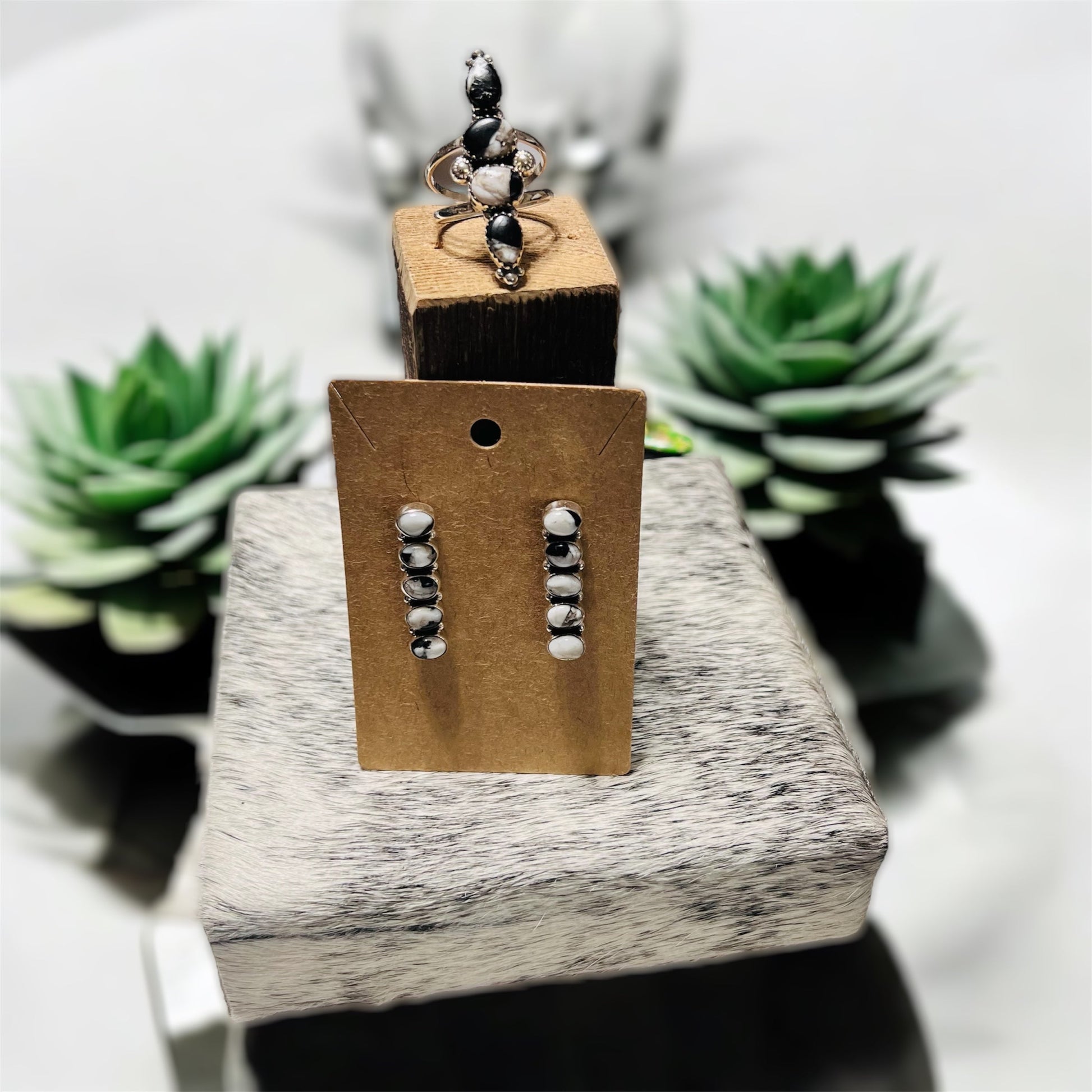Genuine White Buffalo Ring and Earring SS Set Cedar Hill Country Market