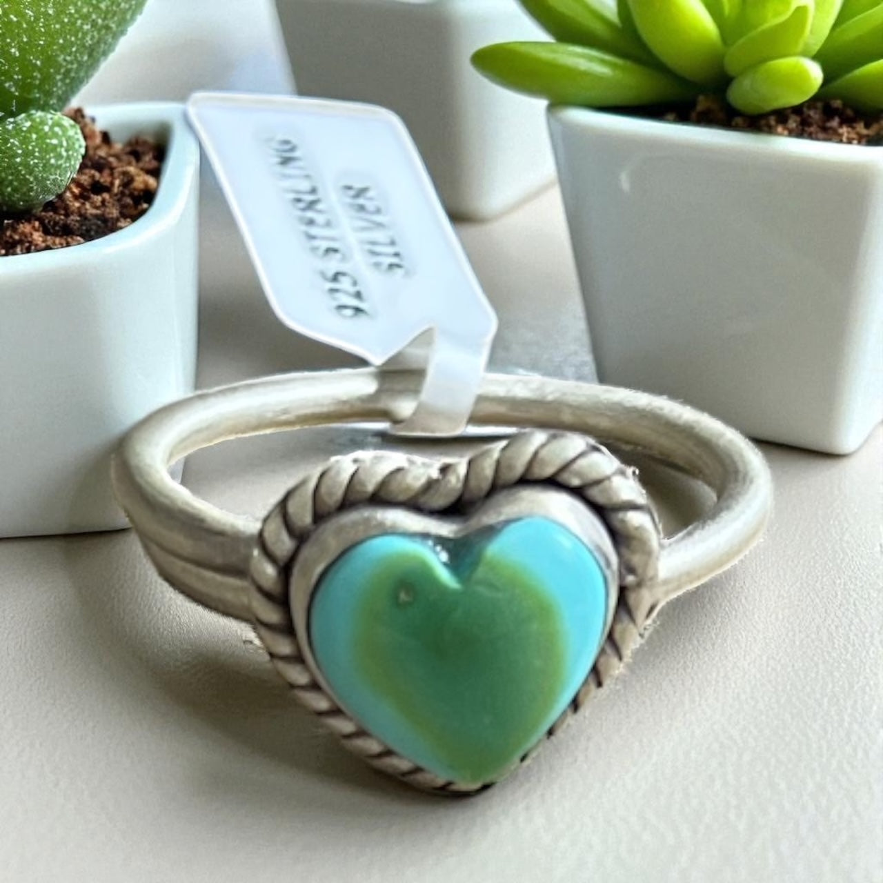 Genuine Peacock Turquoise Heart Ring in Matte Finish - Adjustable Cedar Hill Country Market
