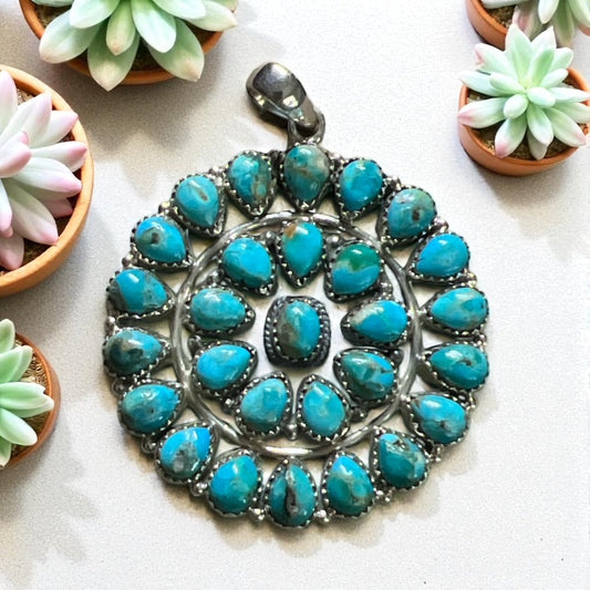 Genuine Turquoise and Sterling Silver Medallion Pendant 2 inch - Signed and Stamped Cedar Hill Country Market